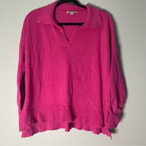 She + Sky Women's Hot Pink Slouchy V-Neck Pullover Sweater One Size- Preppy